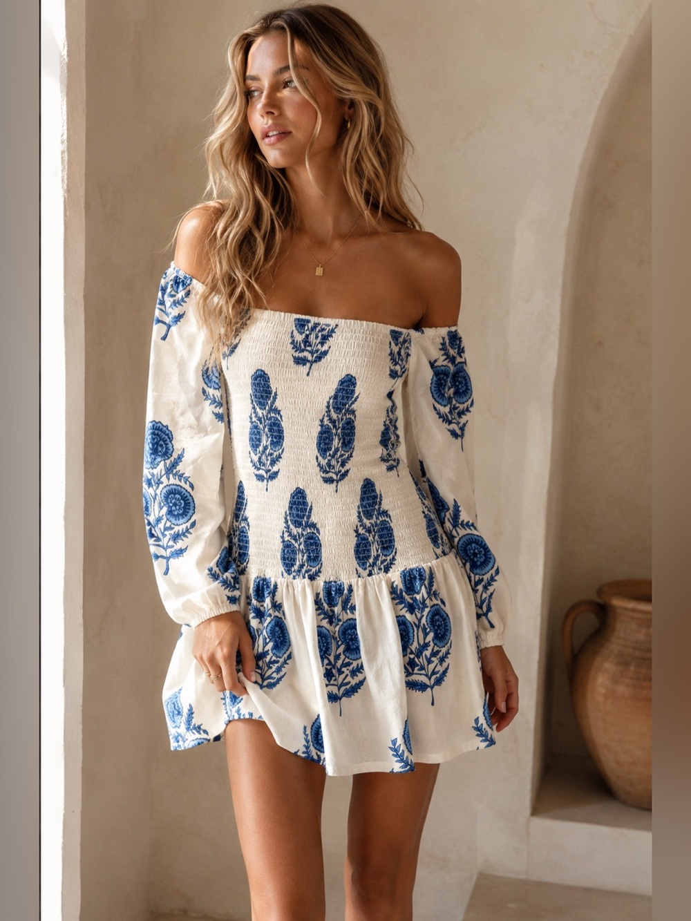 FANCY Blue & White Floral Smocked Mini Dress | Cottagecore Peasant Style